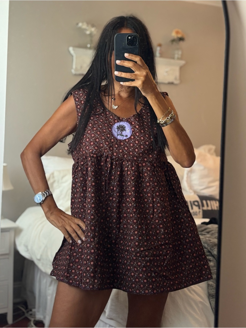 Boho Hippy Grayeful Dead Brown Floral Babydoll Shirt/Dress L/XL
